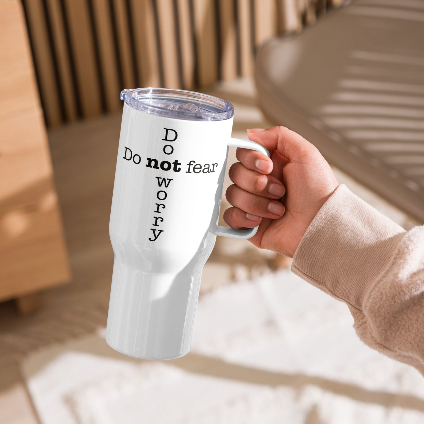 'Do not fear Do not worry' Cross Travel mug with a handle