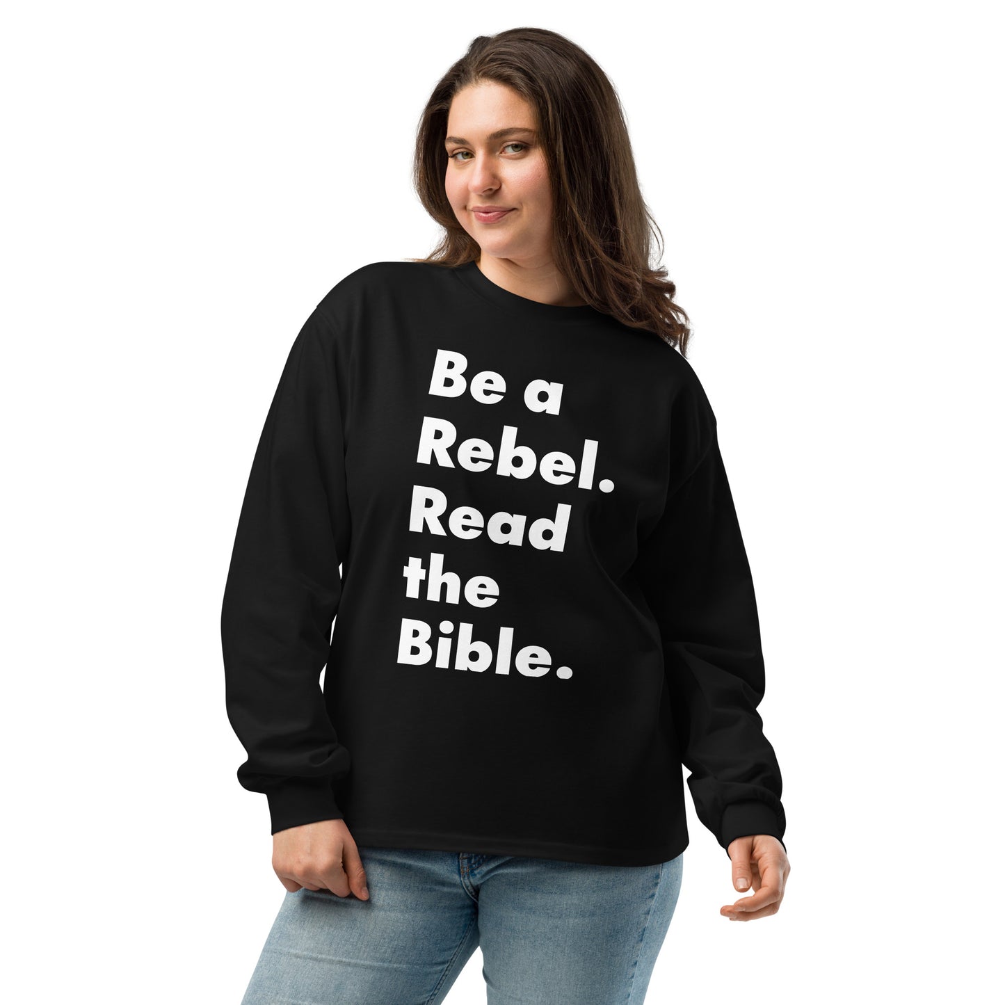 'Be a Rebel. Read the Bible.' Bold Font! Premium heavyweight long sleeve shirt - Black