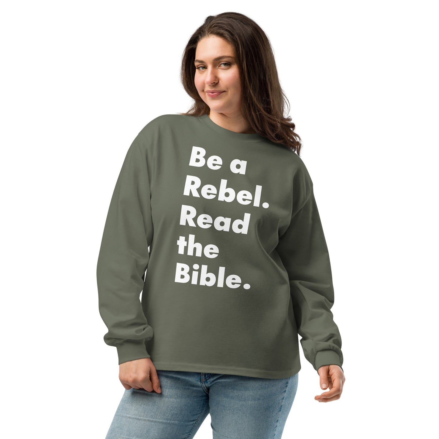 'Be a Rebel. Read the Bible.' Bold Font! Premium heavyweight long sleeve shirt - Various Colors