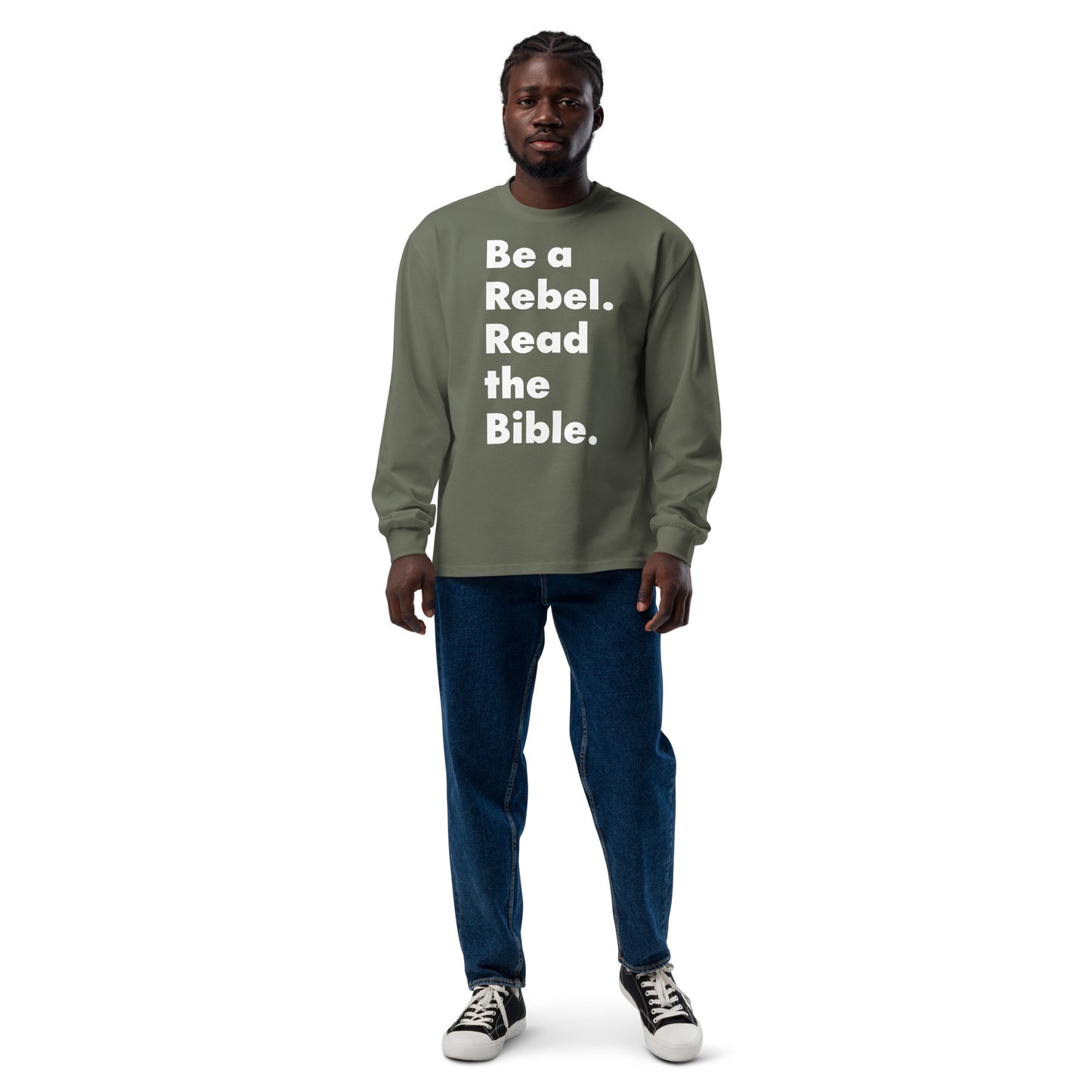 'Be a Rebel. Read the Bible.' Bold Font! Premium heavyweight long sleeve shirt - Various Colors