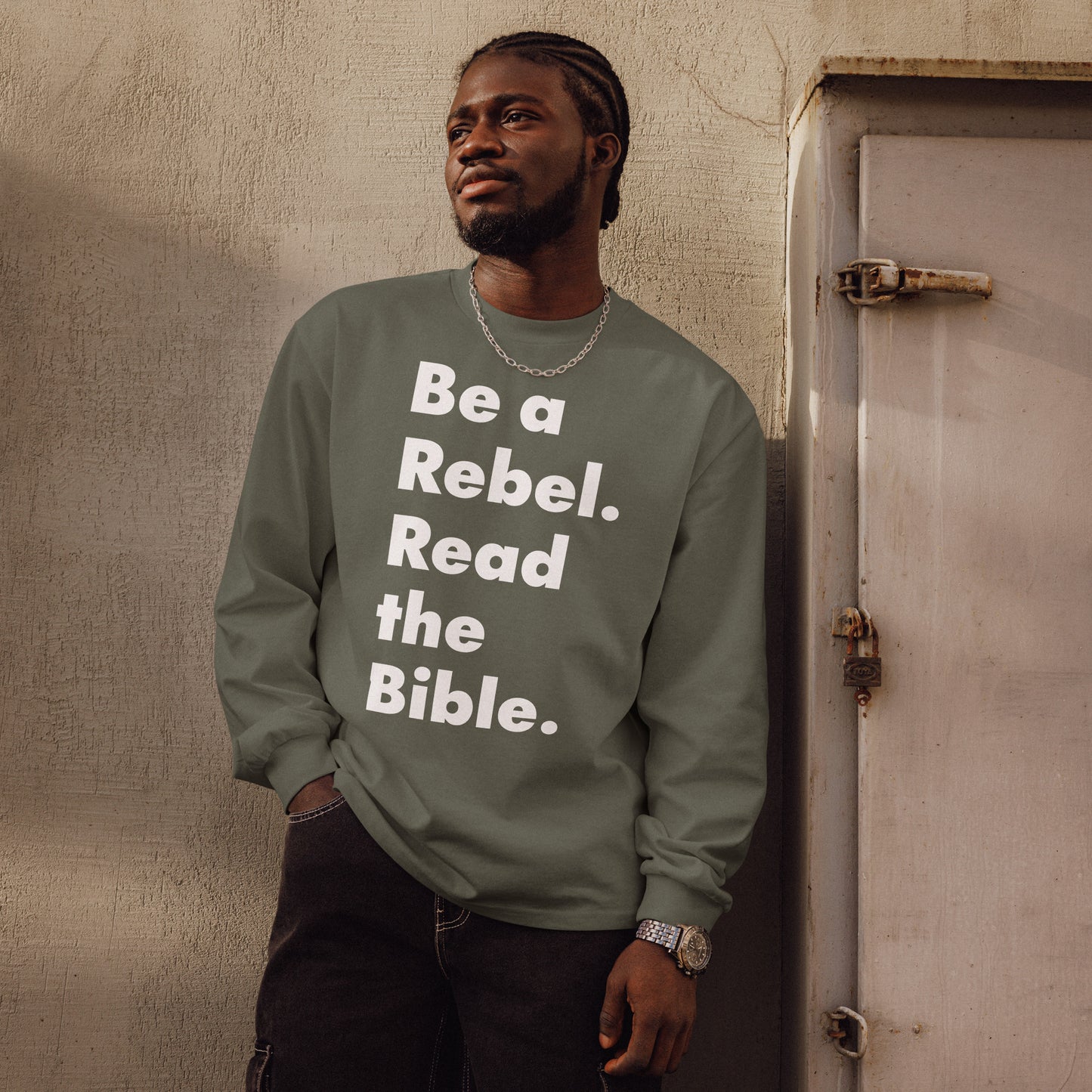 'Be a Rebel. Read the Bible.' Bold Font! Premium heavyweight long sleeve shirt - Various Colors