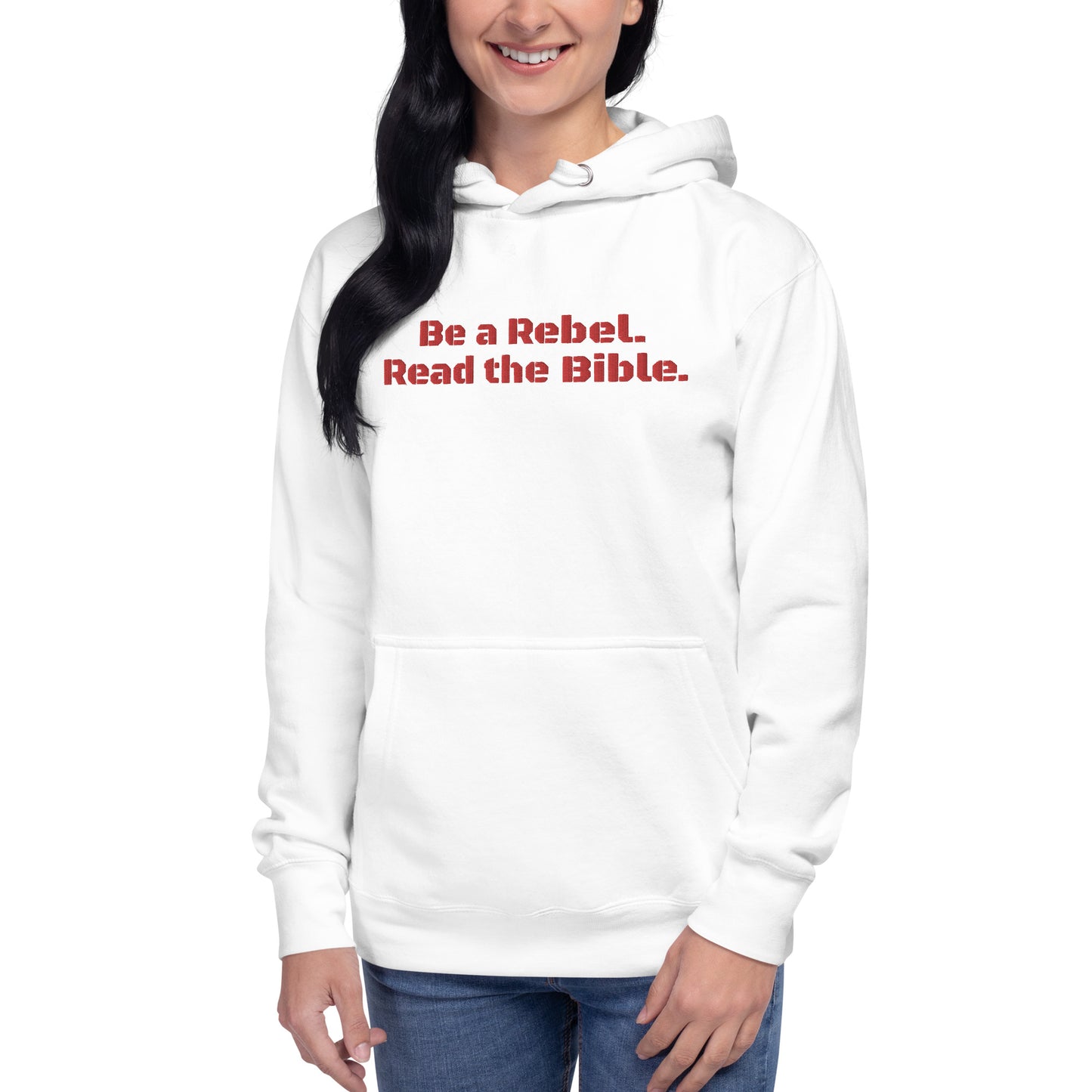 'Be a Rebel. Read the Bible.' Embroidered Red BlackOps Font Premium Hoodie - White or Grey