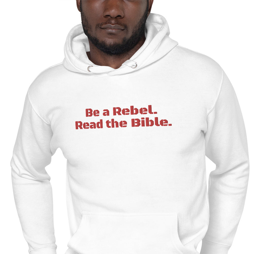 'Be a Rebel. Read the Bible.' Embroidered Red BlackOps Font Premium Hoodie - White or Grey