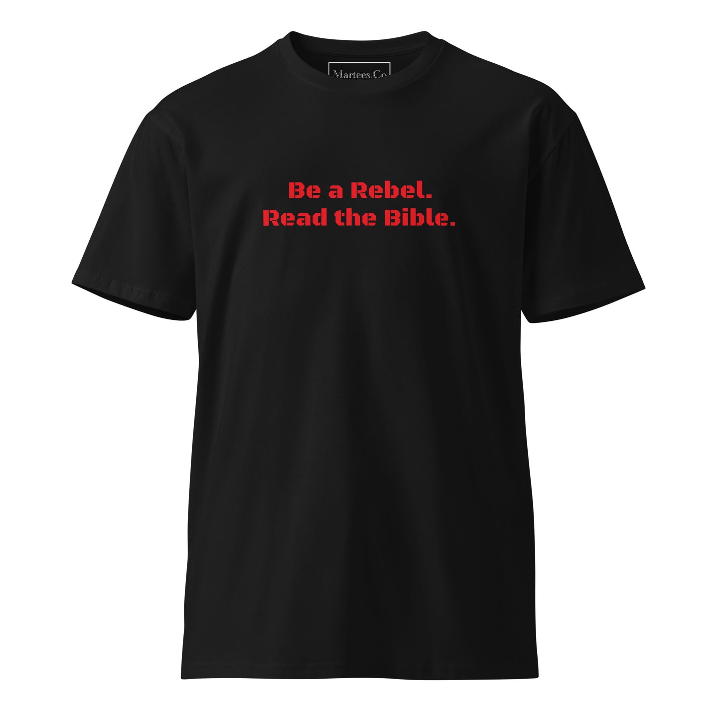 'Be a Rebel. Read the Bible.' BlackOps font. Unisex Premium Cotton Tee