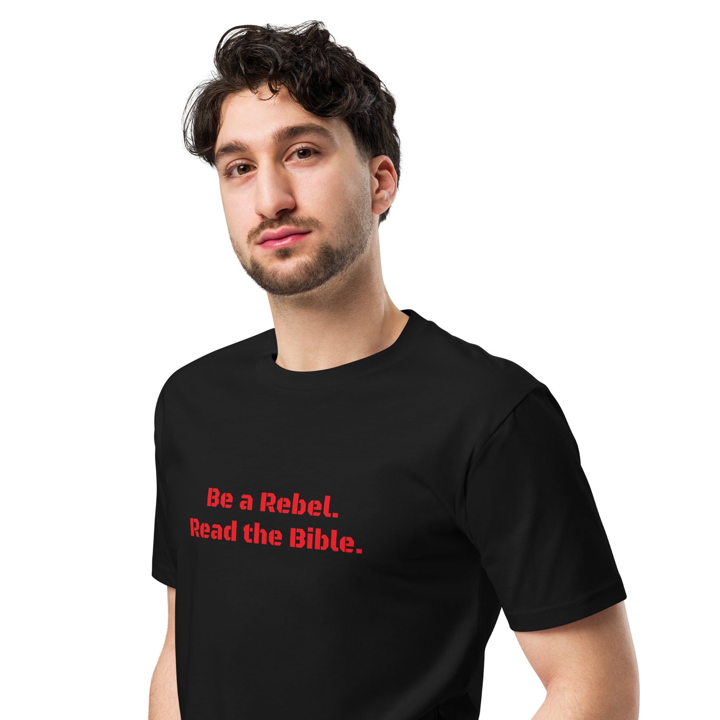 'Be a Rebel. Read the Bible.' BlackOps font. Unisex Premium Cotton Tee